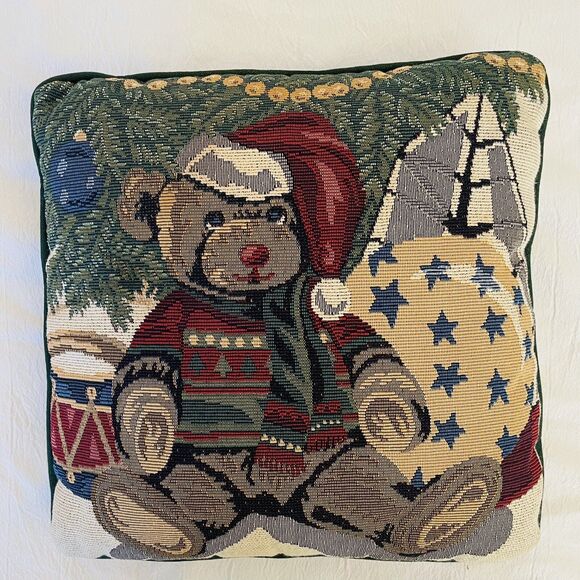 Christmas Bear Tapestry Throw Pillow 12"x12" – Holiday Accent Home Decor - Picture 1 of 4